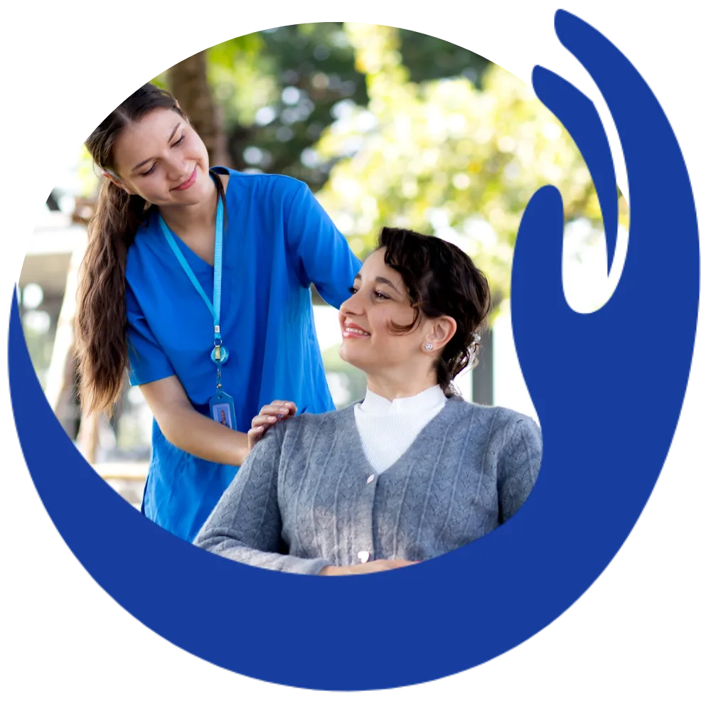 Disabled woman in wheelchair with nurse